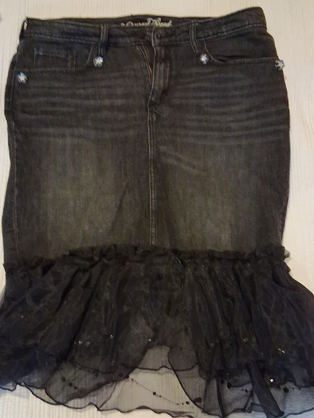 Universal Thread Black Denim A-Line Skirt with Ruffled Tulle Hem